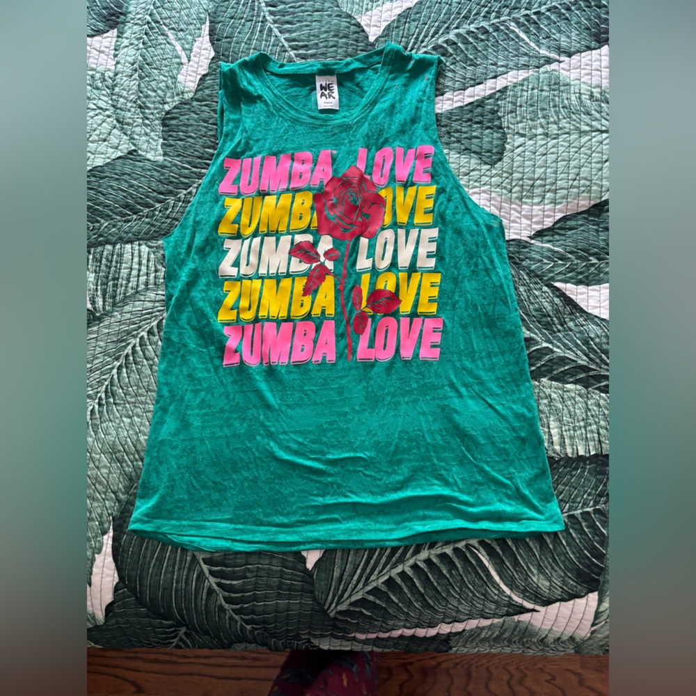 Zumba Fitness Teal Muscle Tank with Pink and Yellow Graphic